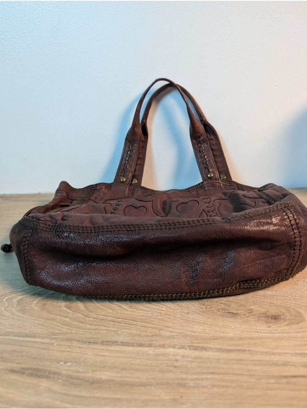 Vintage Lucky Brand Leather Shoulder Bag/ Hobo Purse Brown Flower Patchwork - Picture 3 of 8
